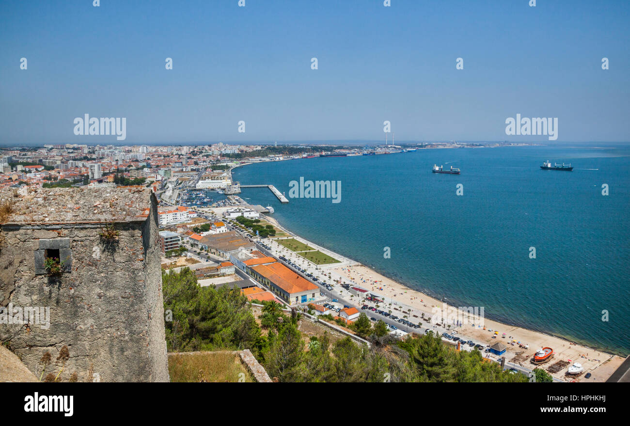 Portugal, view of the city of Setúbal and the Sado River from the the battlements of16th century fortress of St. Filipe Stock Photo