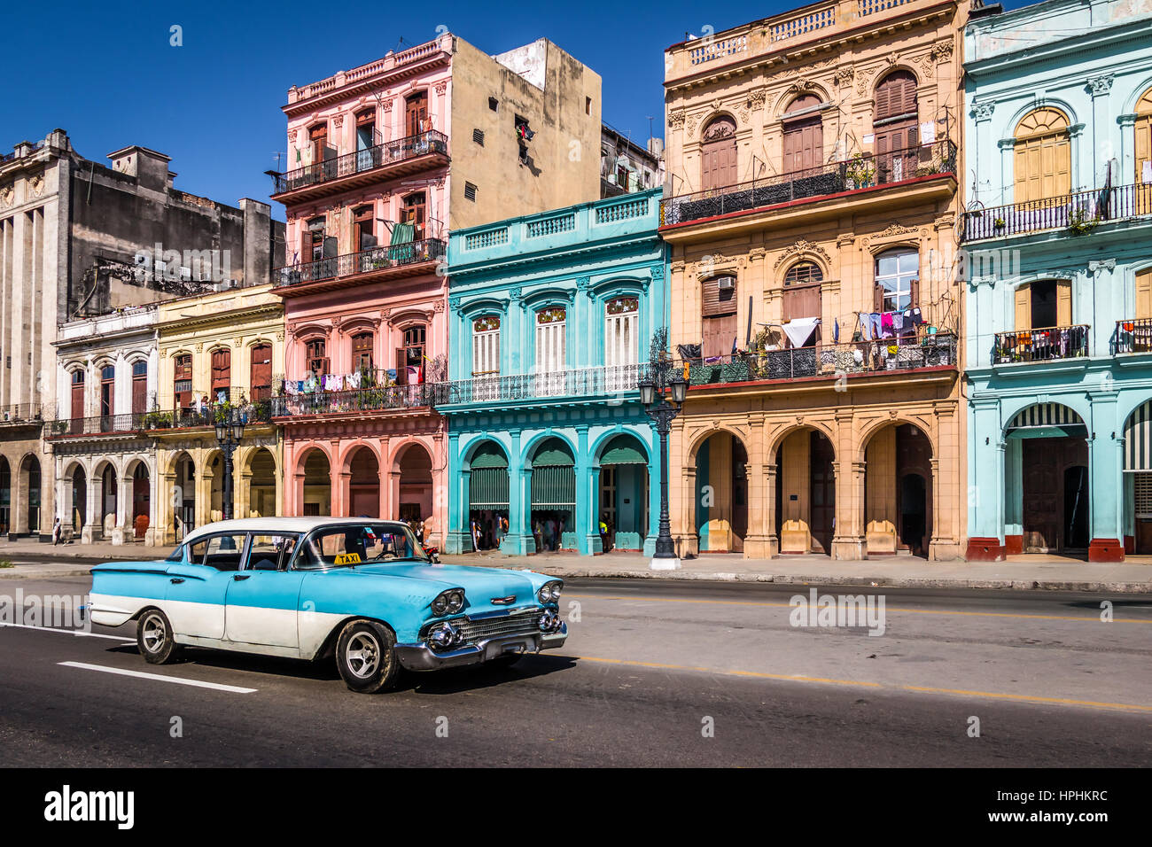 Cars in old Havana downtown Street - Havana, Cuba Stock Photo