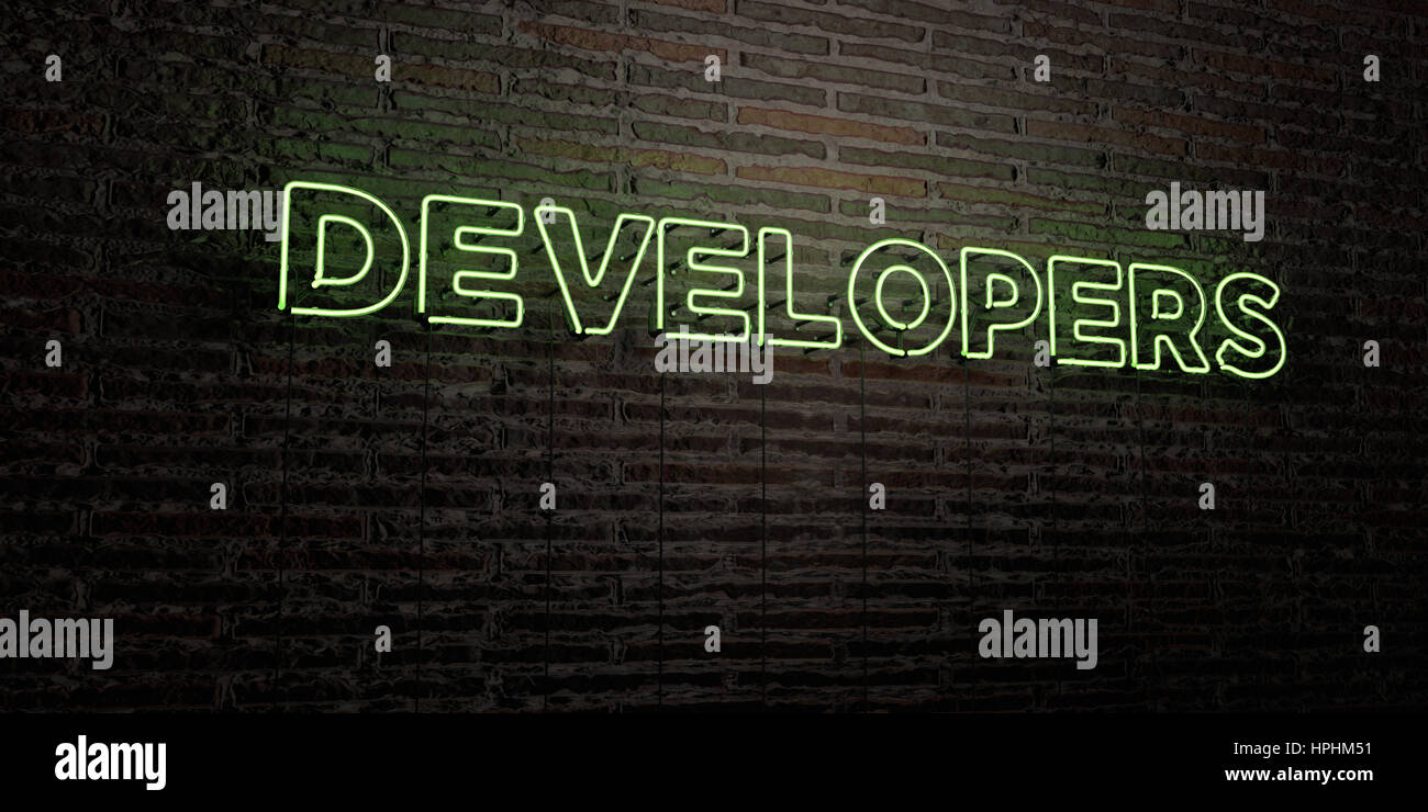 DEVELOPERS -Realistic Neon Sign on Brick Wall background - 3D rendered ...