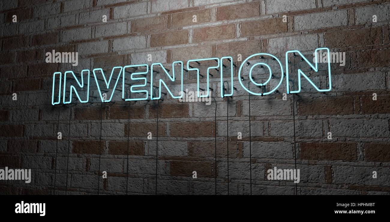 INVENTION - Glowing Neon Sign on stonework wall - 3D rendered royalty ...