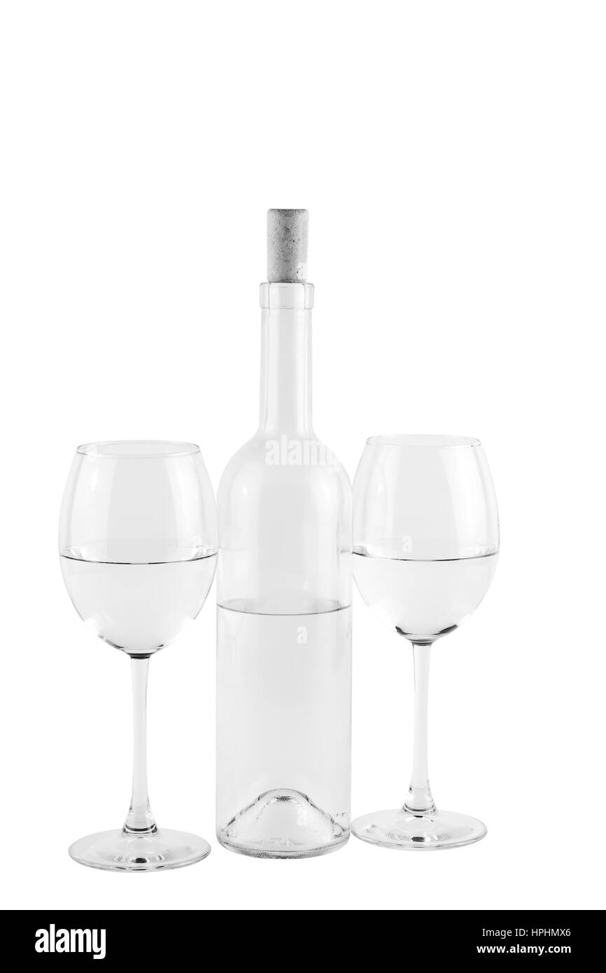Isolated transparent bottle and glasses with water on white background Stock Photo