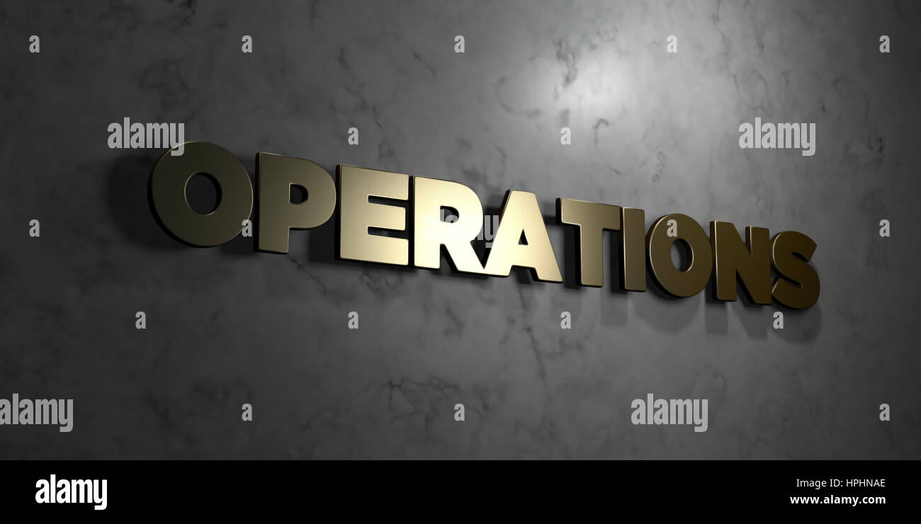 Operations - Gold text on black background - 3D rendered royalty free ...