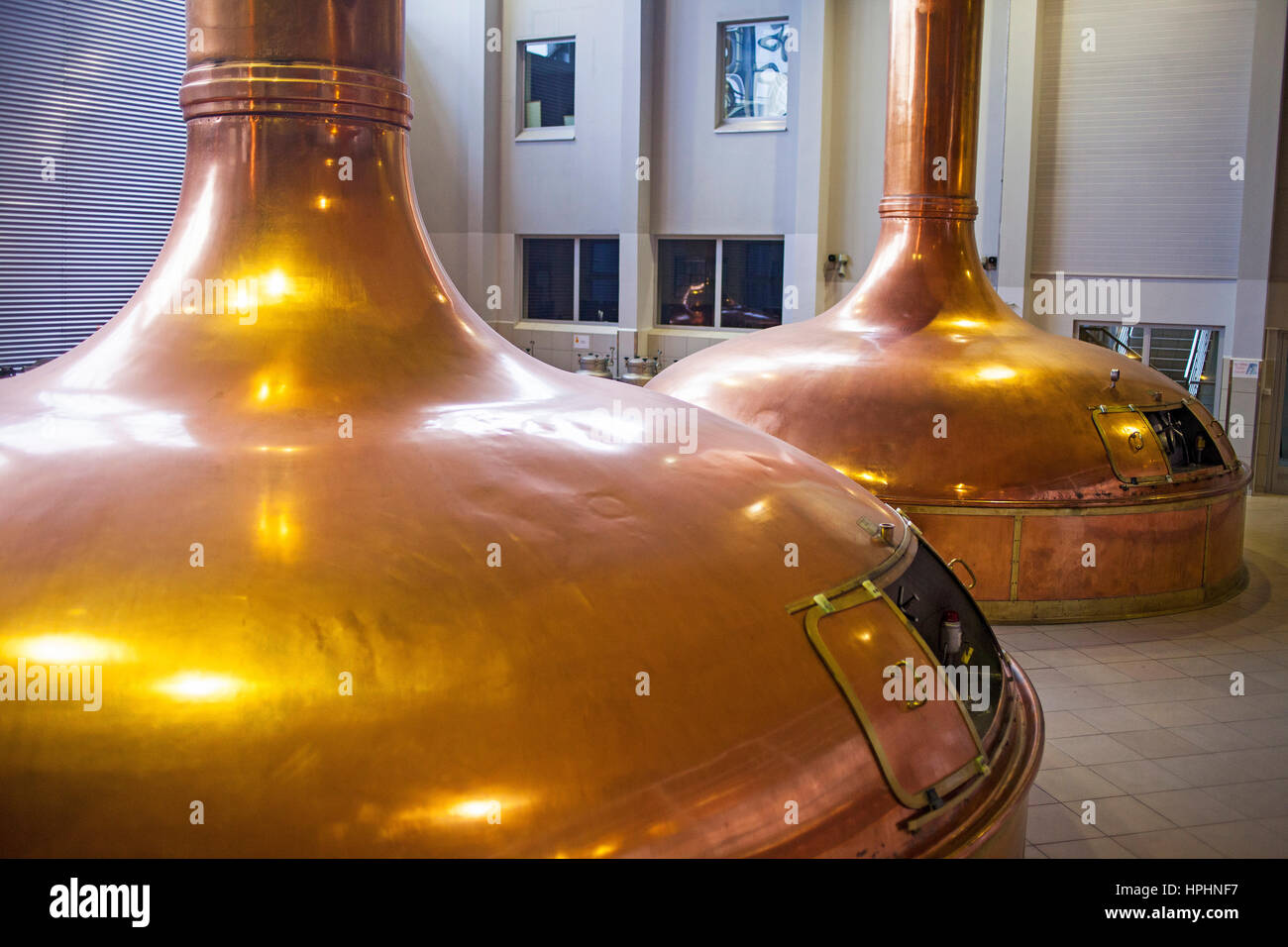 Brewing room with mash tun copper tanks, Lech brewery, Poznan, Poland