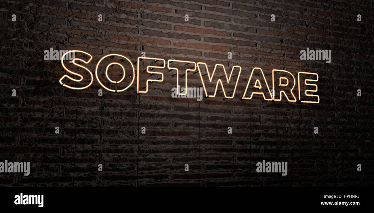 Software Image Signs SOFTWARE -Realistic Neon Sign on Brick Wall background - 3D rendered ...