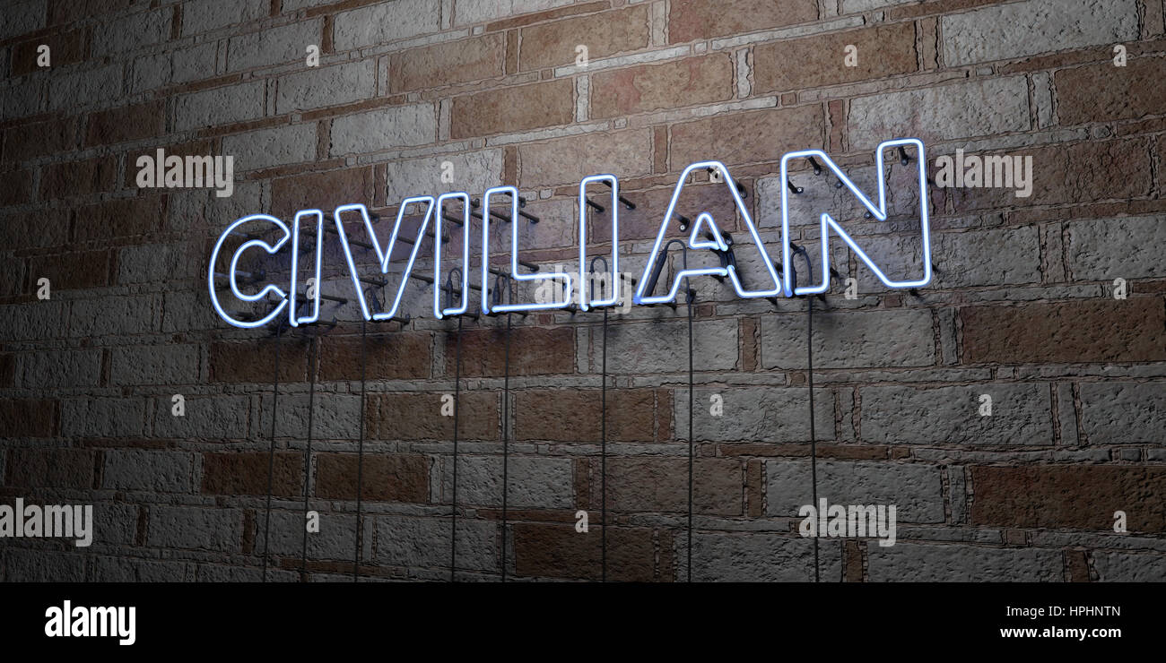 CIVILIAN - Glowing Neon Sign on stonework wall - 3D rendered royalty ...