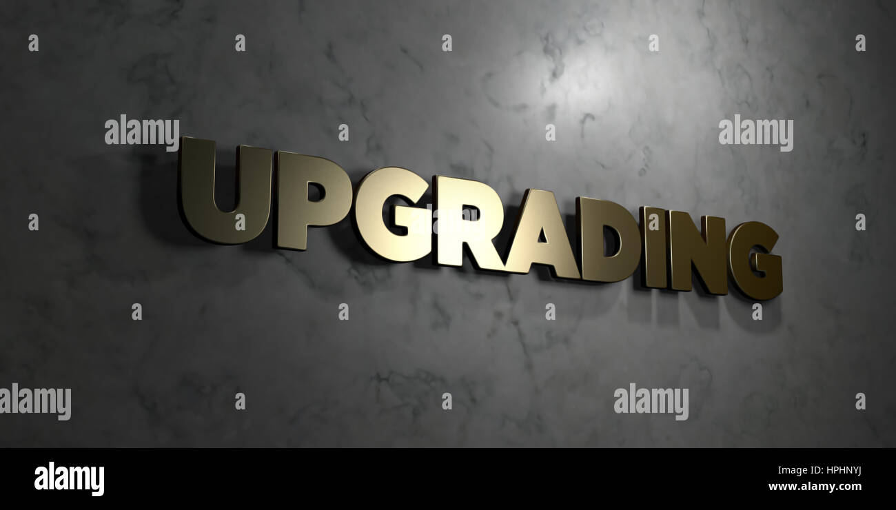 Upgrading - Gold text on black background - 3D rendered royalty free ...