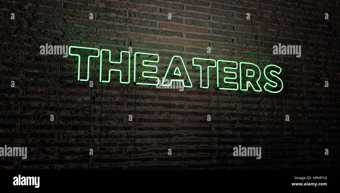 Theaters Realistic Neon Sign On Brick Wall Background 3d Rendered