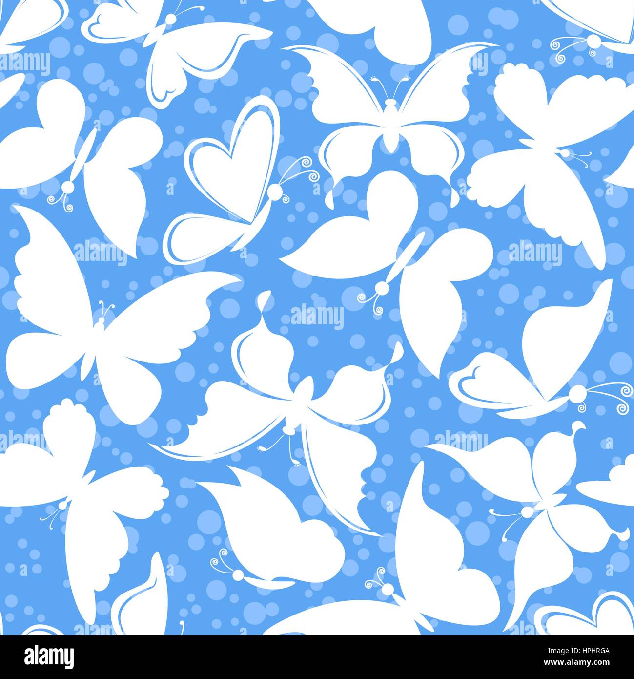 Seamless Background, Butterflies White Silhouettes on Blue Tile Pattern