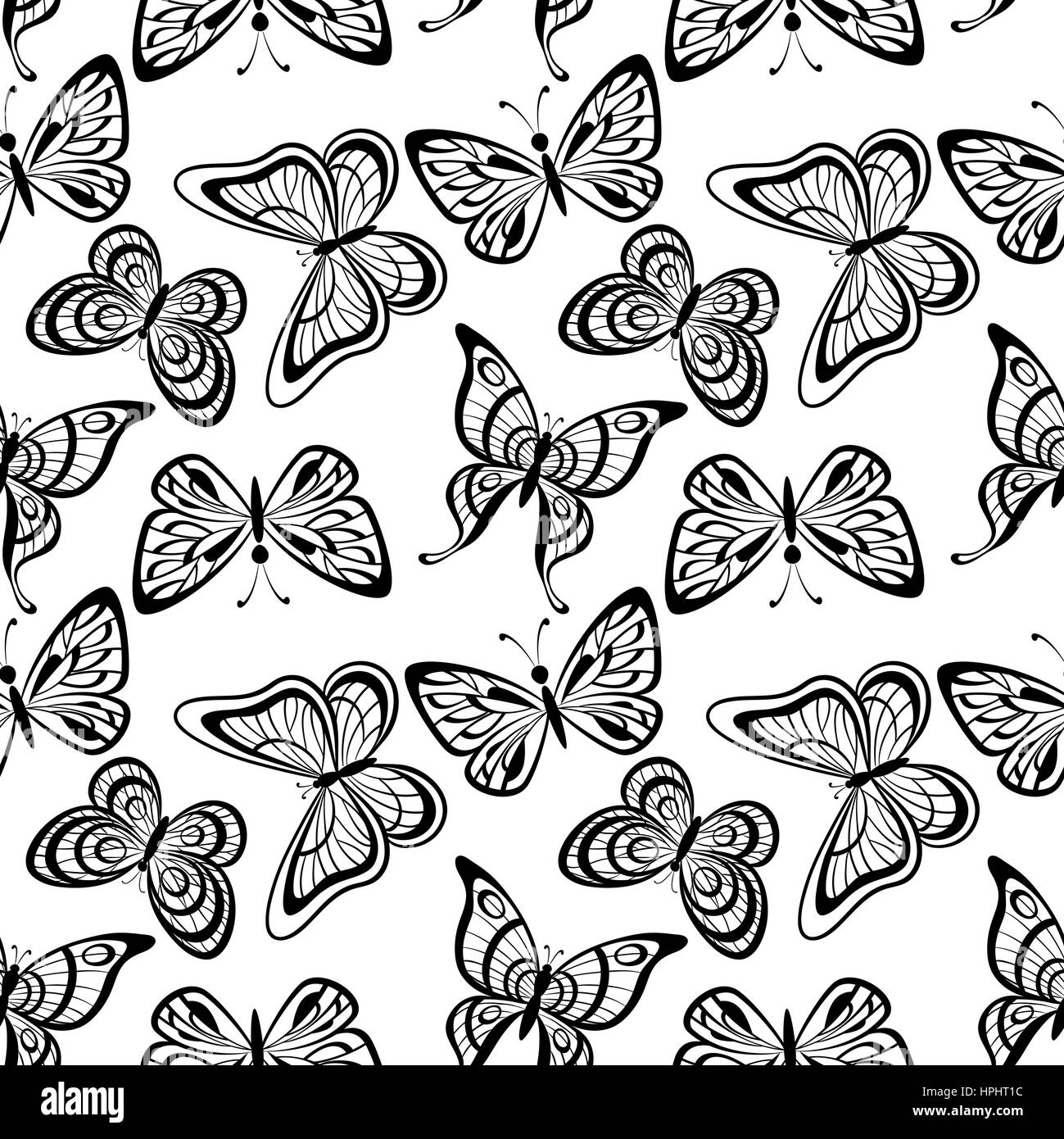 Seamless Tile Pattern Butterflies Black Silhouettes Isolated On