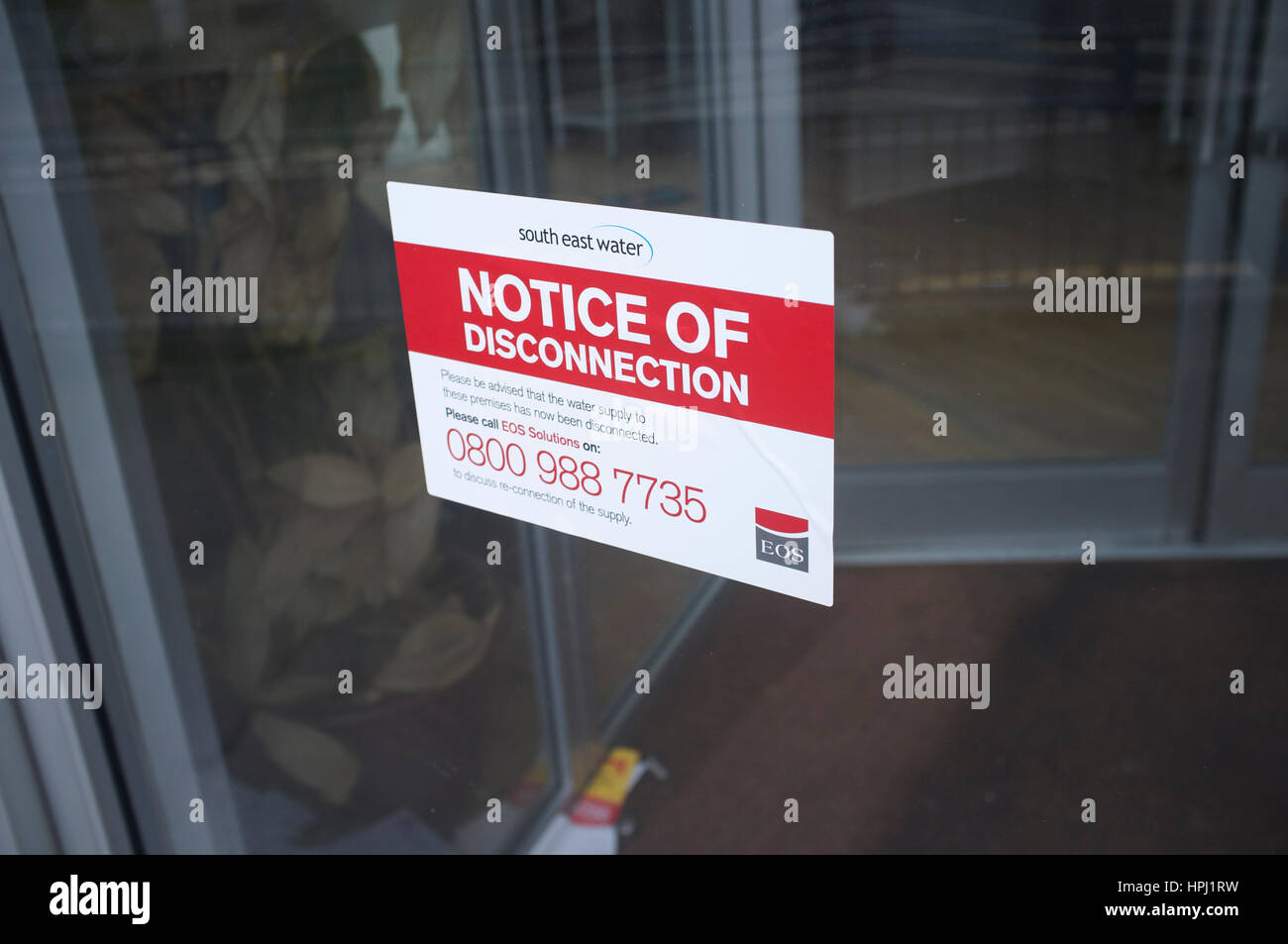 Notice of disconnection of water supply from South East Water affixed