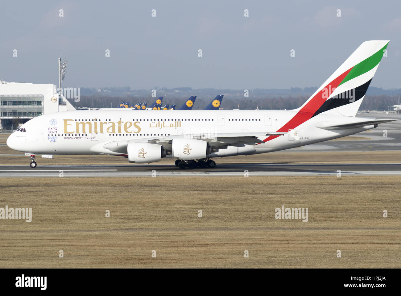 Emirates Airbus A380 seconds before takeoff Stock Photo