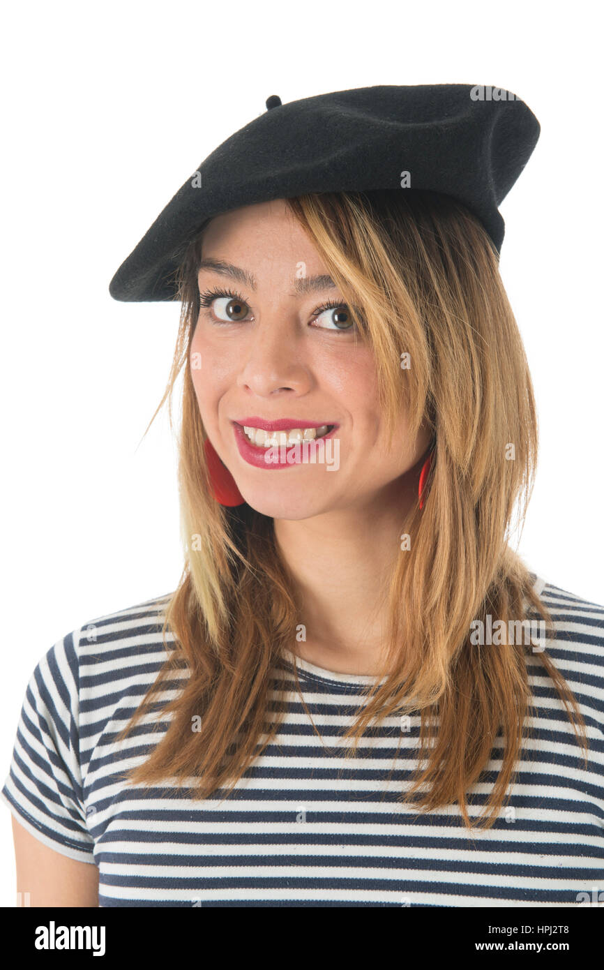 Young French girl with typical French barret and striped shirt isolated