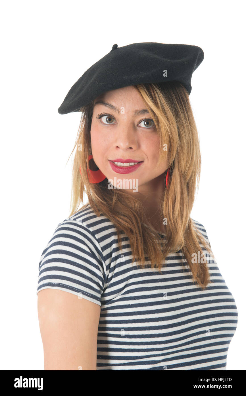 Young French Girl With Typical French Barret And Striped Shirt Isolated Over White Background