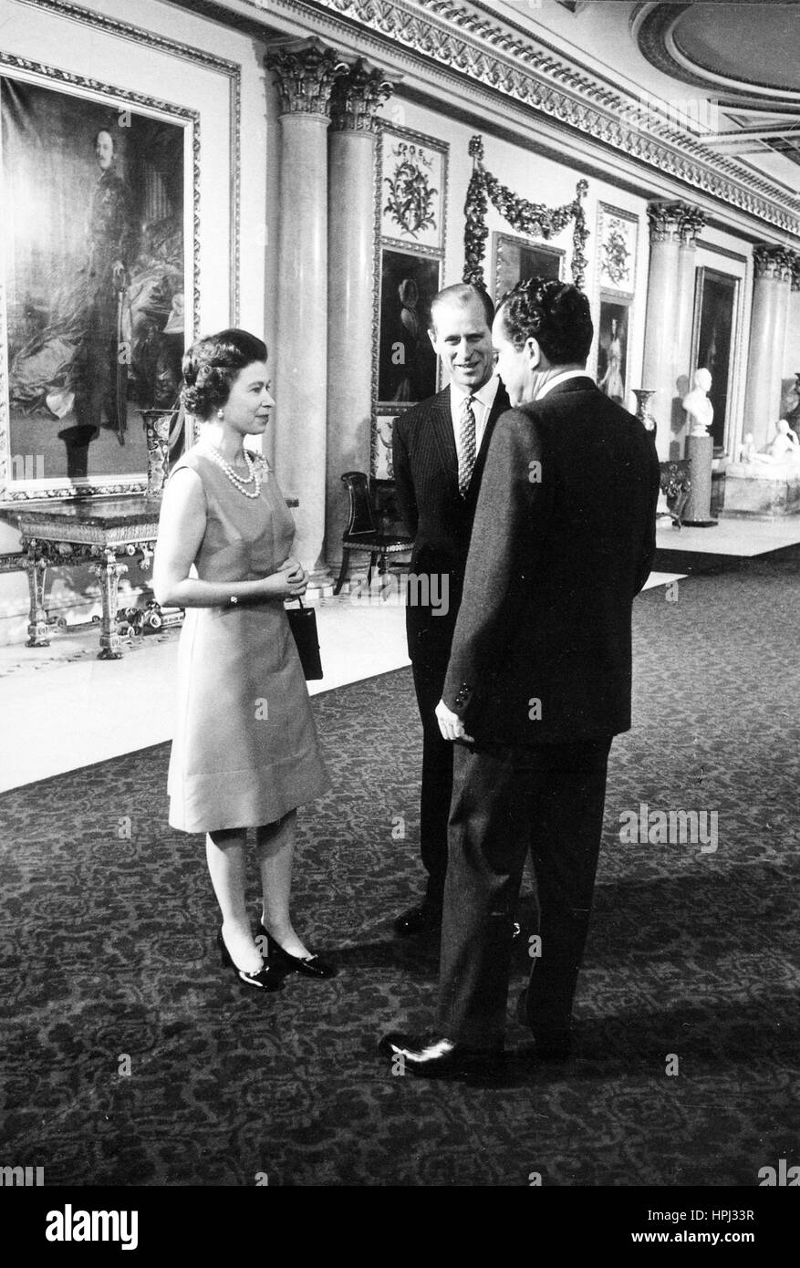 QUEEN ELIZABETH II and the Duke of Edinburgh with US President Nixon at Buckingham Palace in February 1969. Photo: White House official Stock Photo