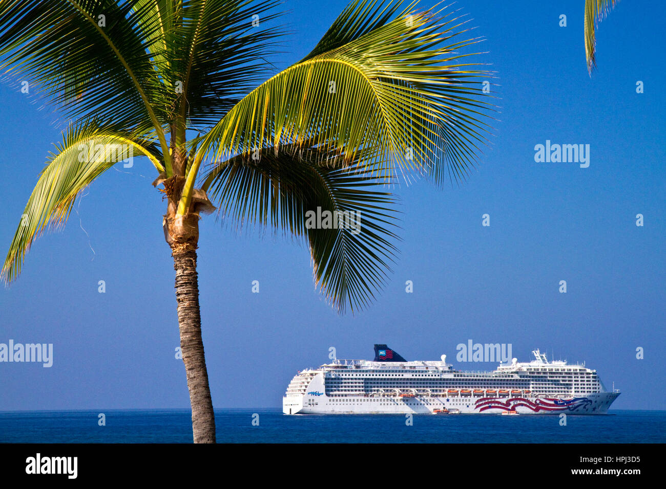 The Pride of America cruise ship at anchor off the coast at Kailua-Kona on the Big Island of Hawaii, USA. Stock Photo
