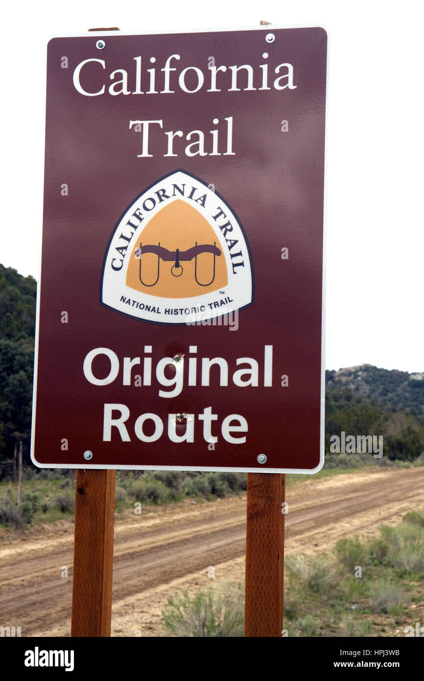 Sign for the original route of the California Trail at City of Rocks National Reserve, Idaho, USA. Stock Photo