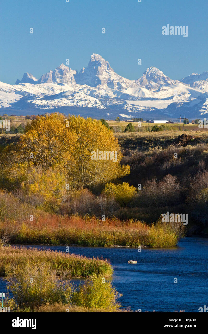The Teton Mountain Range at Henrys Fork near Ashton, Idaho, USA. Stock Photo