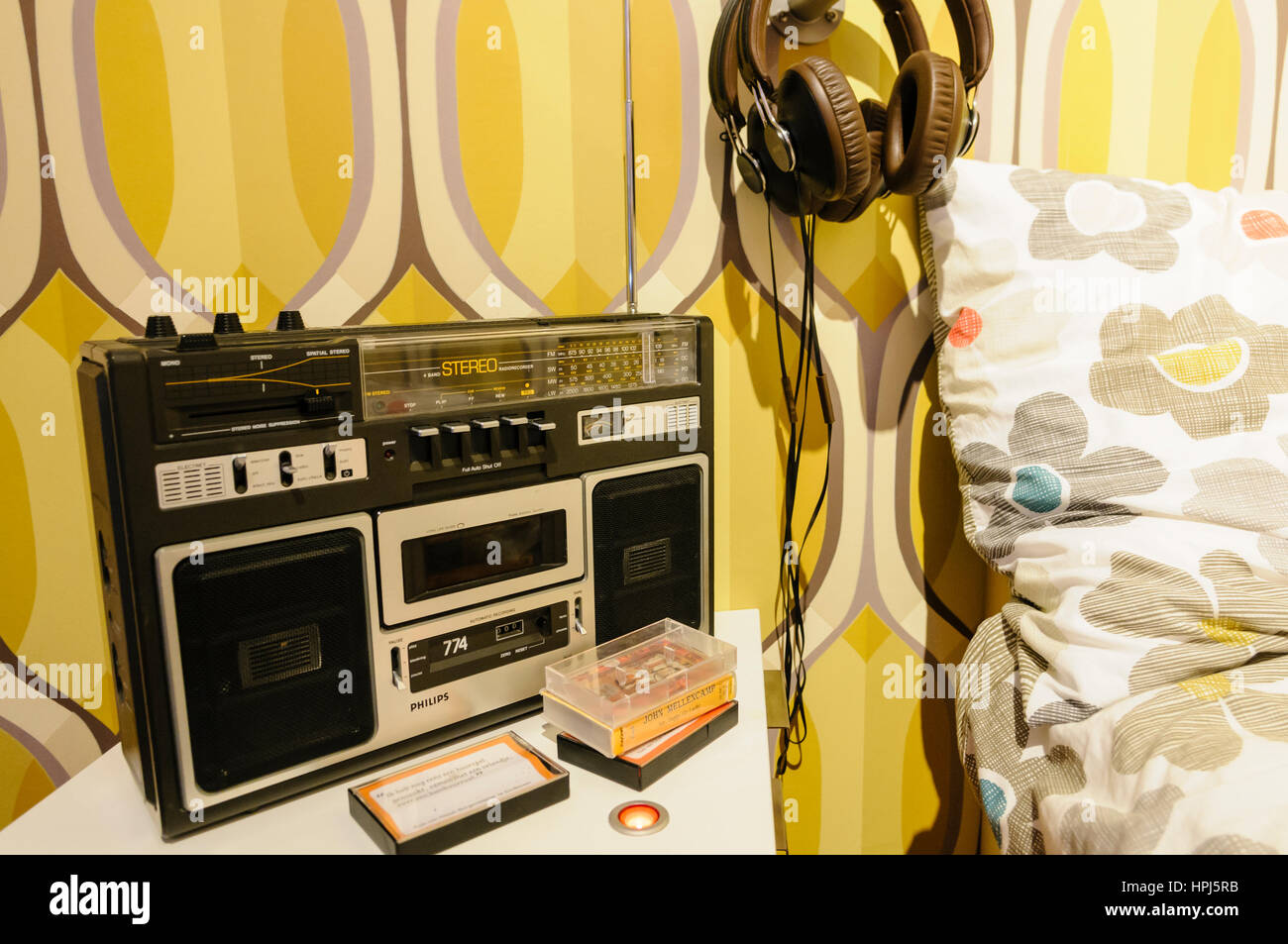 Cassette player in a bedroom from the 1980s. Stock Photo