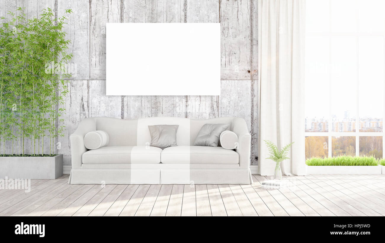 Modern interior with empty frame . 3D rendering Stock Photo - Alamy