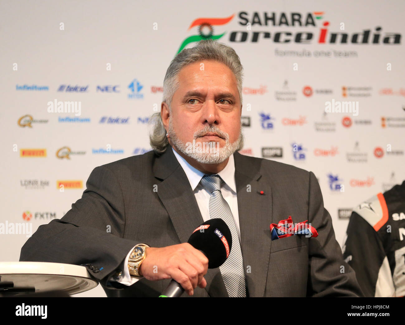 Sahara Force India F1 Team Owner Dr. Vijay Mallya during the Force India 2017 Car Launch at Silverstone, Towcester. Stock Photo
