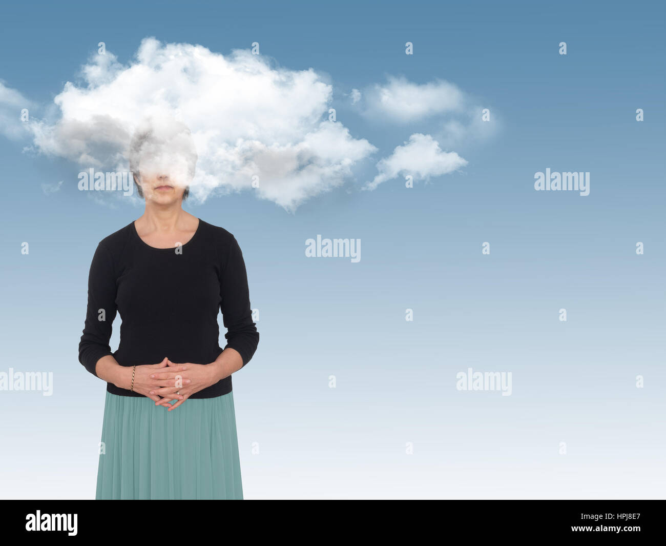 Woman with head in clouds on blue. Day dreams concept, metaphor. Stock Photo