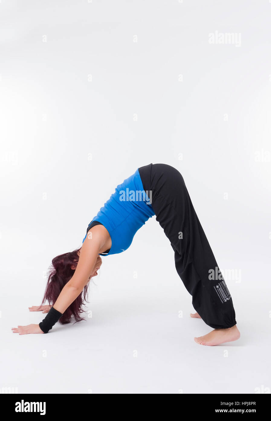 Model released , Frau macht Jogauebung, Hund - woman does yoga Stock Photo
