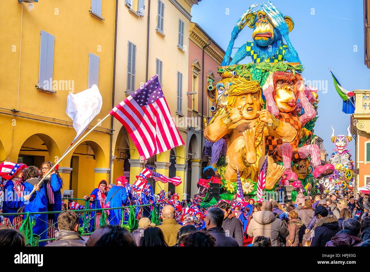 Cento, Italy, 19 feb 2017: Carnival of Cento a satirical parade float shows Donald Trump as Tarzan between monkeys Stock Photo