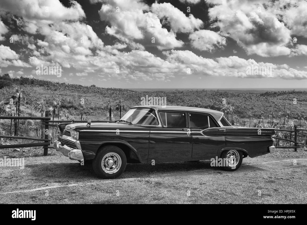 Pinar del Rio, Cuba - January 29,2017: Old Ford Fairlane on the road in Valley de Vinales. Thousands of these cars are still in use in Cuba and they h Stock Photo