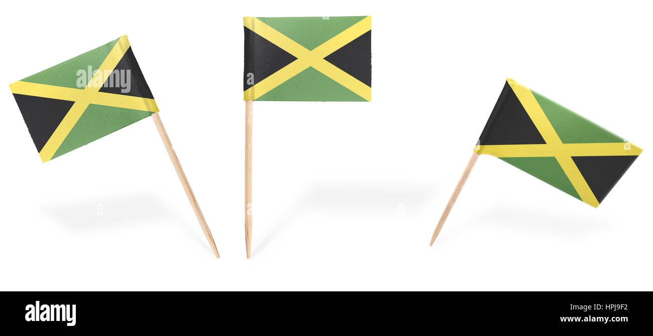 Small cocktail flags of Jamaica in different positions isolated on white.(series) . Also easy to use as a design element :) Stock Photo