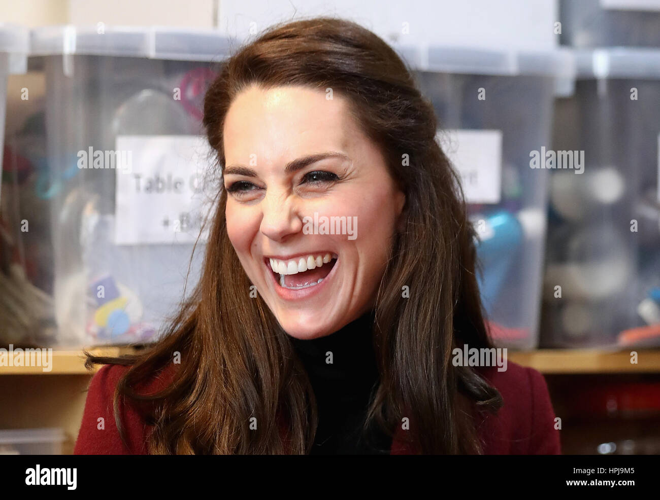 The Duchess of Cambridge during a visit to Caerphilly Family Intervention Team (FIT) in Caerphilly, Wales to learn about their work with children with emotional and behavioural difficulties, problems with family relationships and those who have or who are likely to self harm. Stock Photo