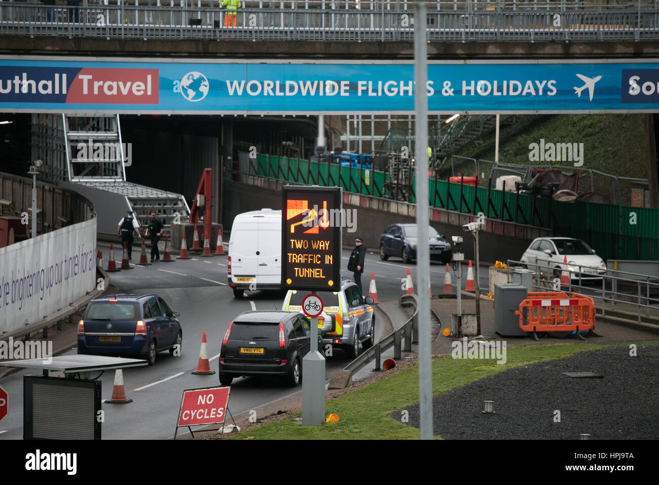Traffic jam at Heathrow airport after three RisingUp! climate activists have blocked the access tunnel  in protest against a third runway. Stock Photo