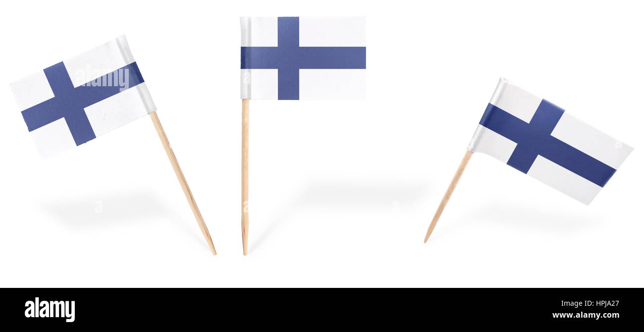 Small cocktail flags of Finland in different positions isolated on white.(series) . Also easy to use as a design element :) Stock Photo