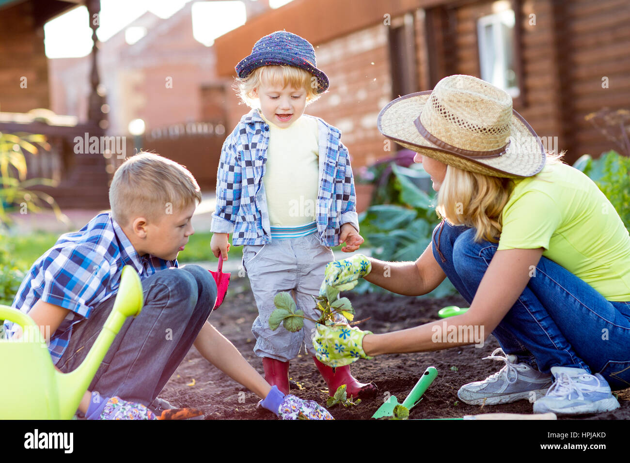 Kids with mother planting strawberry seedling into soil outside in garden Stock Photo