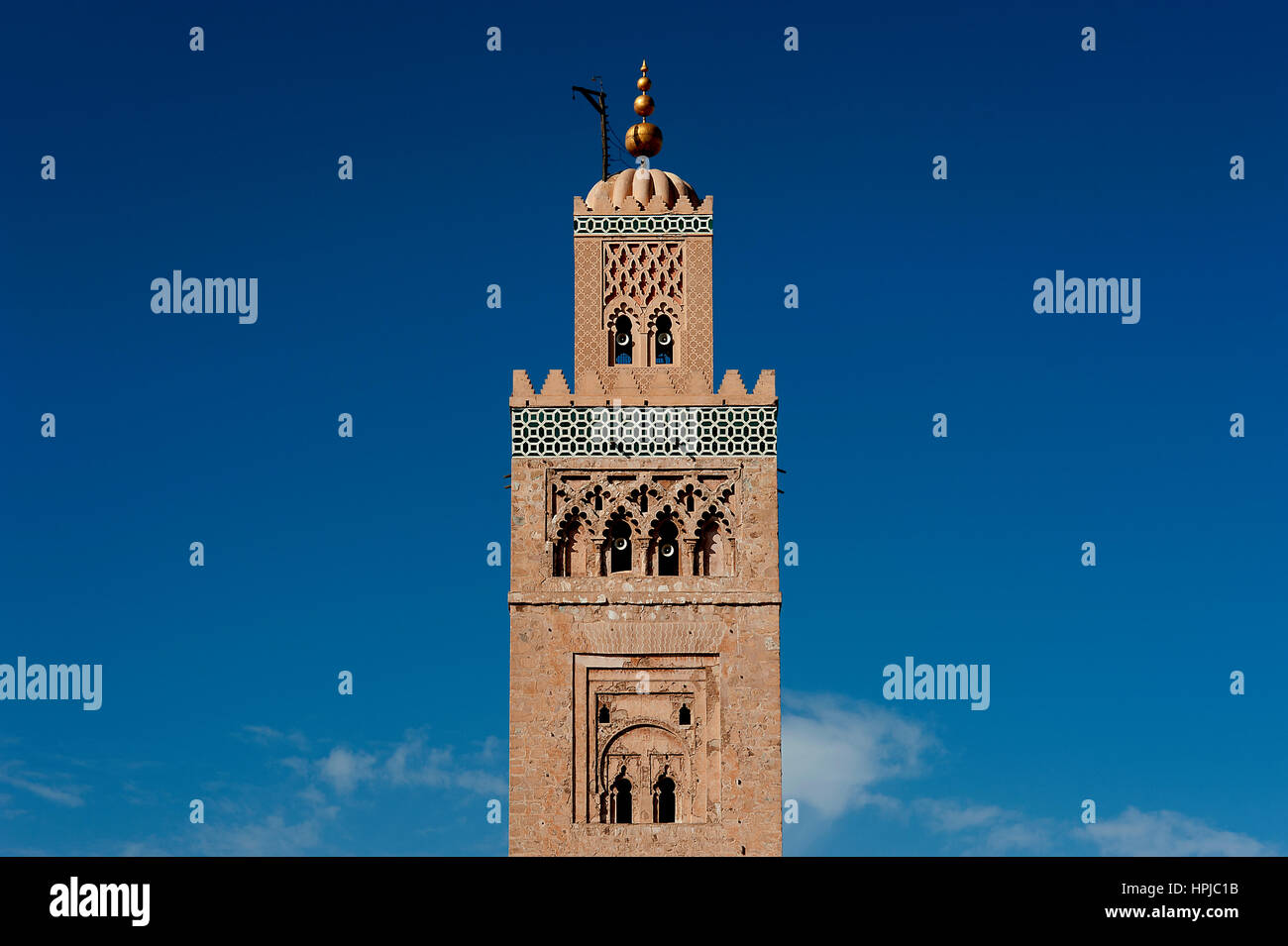 Koutoubia Minaret, Marrakesh, Morocco 2016. The Koutoubia minaret, part of Marrakesh's largest mosque, rises 77 metres high above the city's medina. Stock Photo