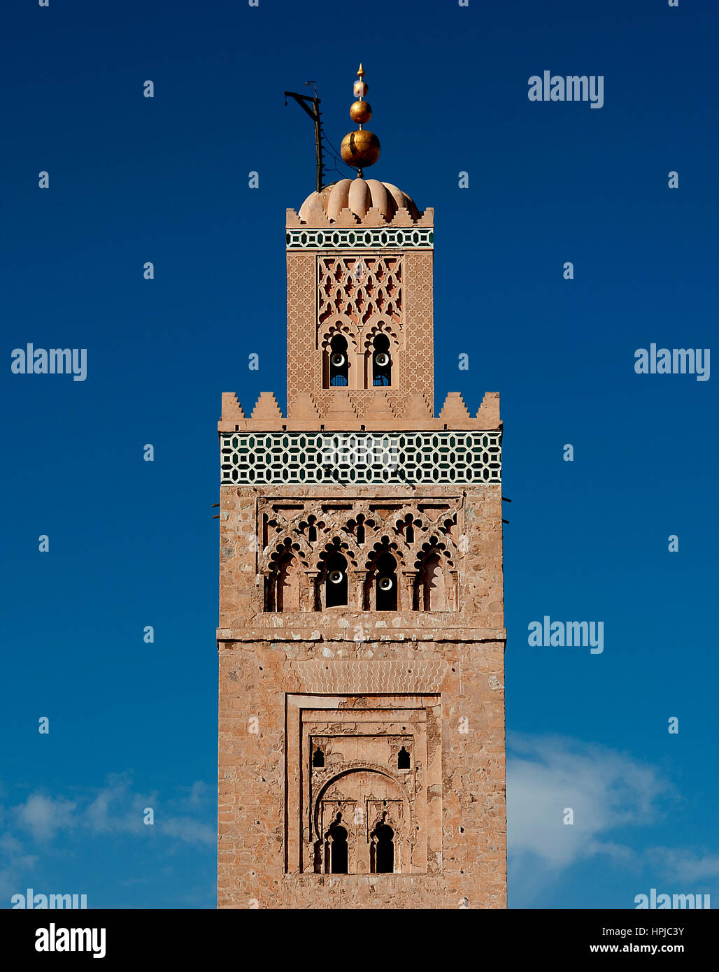 Koutoubia Minaret, Marrakesh, Morocco. The Koutoubia minaret, part of Marrakesh's largest mosque, rises 77 metres high above the city's famous medina. Stock Photo