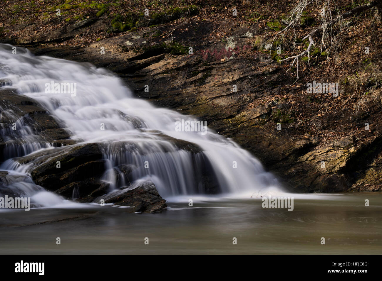 Shacktown Falls. Cascade waterfall at Shore-Styers Mill Park in Shcktown,NC. A scenic waterfall near Yadkinville. Waterfall is on Deep Creek, a tribut Stock Photo
