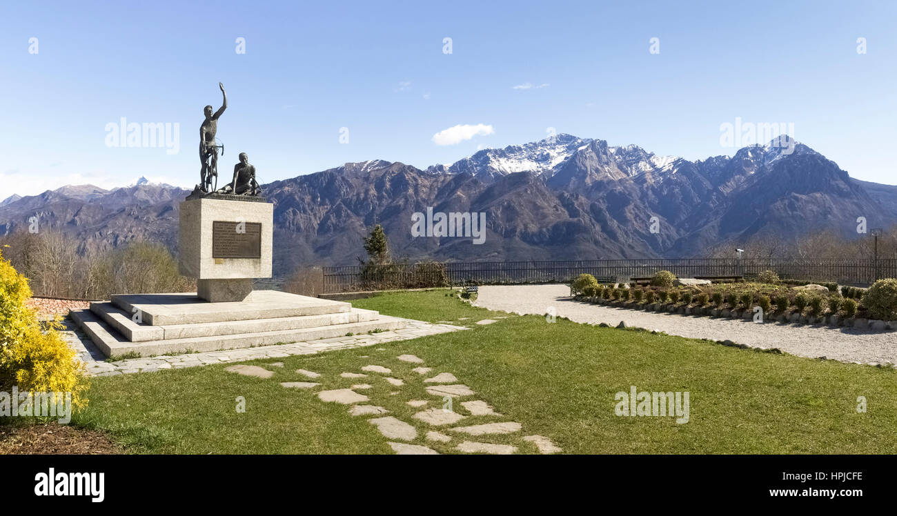 Ghisallo, Italy - April 1, 2015: Monument in memory of cyclists to he Madonna del Ghisallo, proclaimed Patroness of Cyclists by Pope Pius XII in 1946 Stock Photo