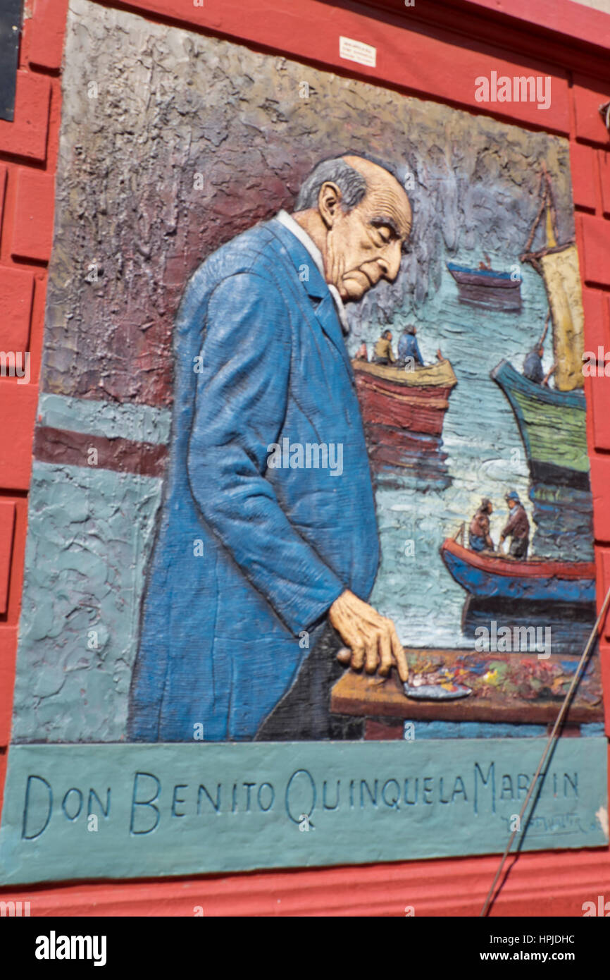 Famous local painter Quinquela Martin commemorated at the Caminito alley in the Boca old Italian quarter of Buenos Aires, Argentina Stock Photo