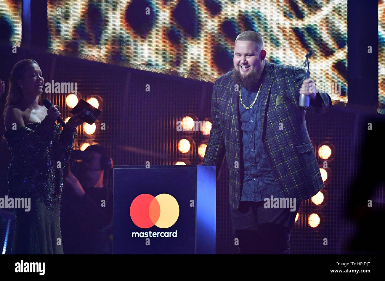 Rag'n'Bone Man aka Rory Graham with his best British Breakthrough award on stage at the Brit Awards at the O2 Arena, London. Stock Photo