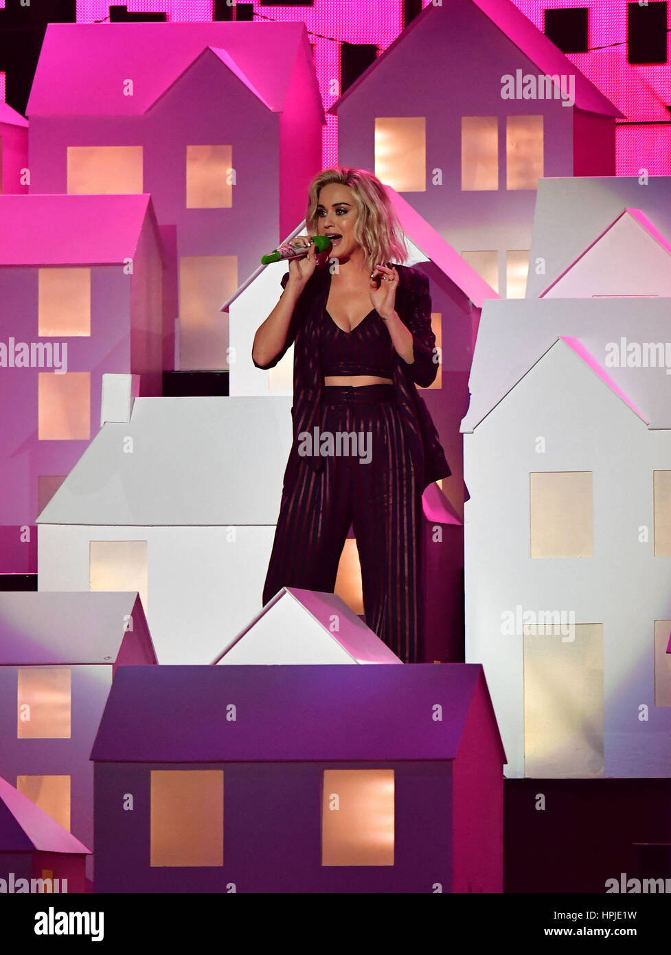 Katy Perry performing on stage at the Brit Awards at the O2 Arena