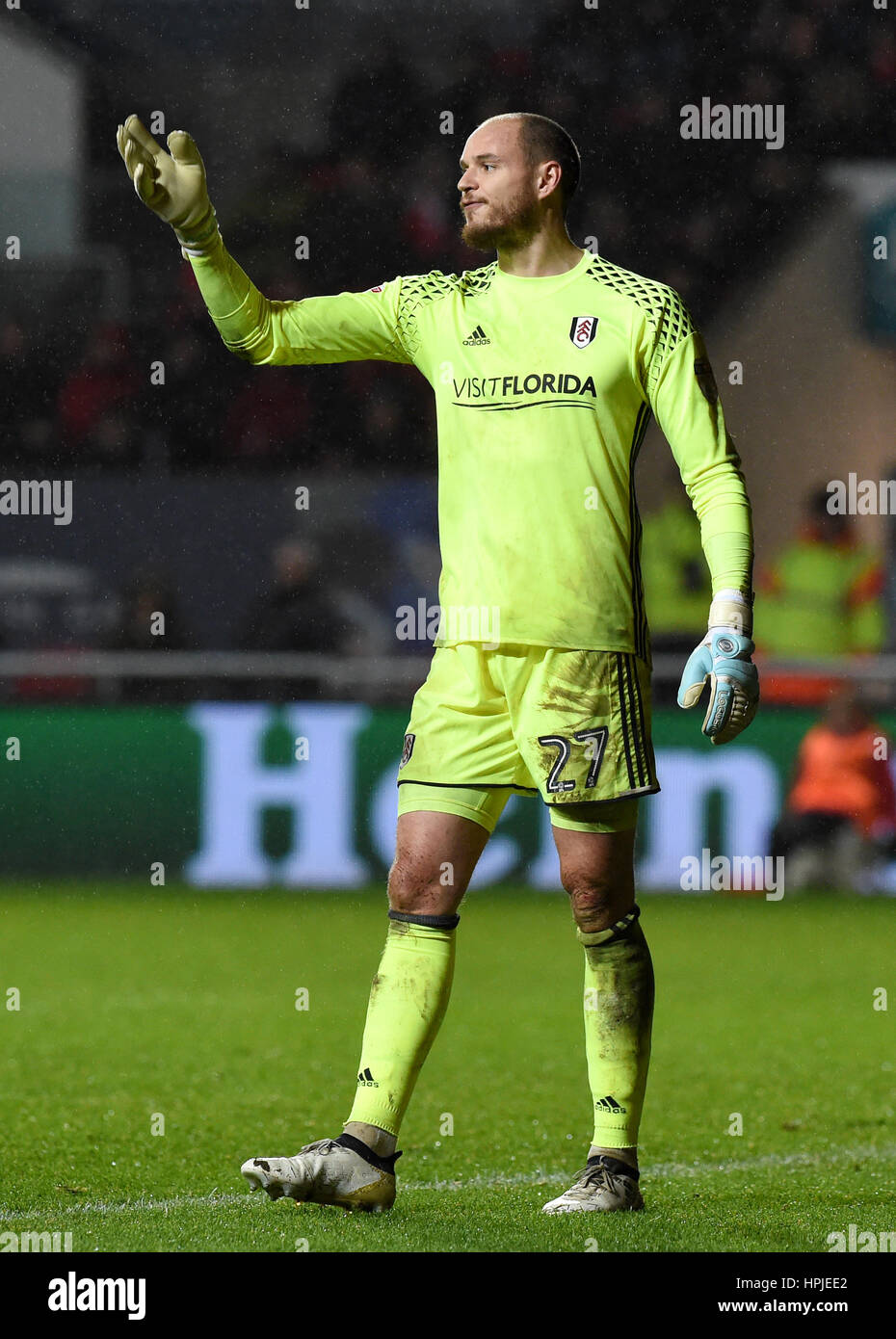 Fulham goalkeeper David Button during the Sky Bet Championship match at Ashton Gate, Bristol. PRESS ASSOCIATION Photo. Picture date: Wednesday February 22, 2017. See PA story SOCCER Bristol City. Photo credit should read: Simon Galloway/PA Wire. RESTRICTIONS: EDITORIAL USE ONLY No use with unauthorised audio, video, data, fixture lists, club/league logos or 'live' services. Online in-match use limited to 75 images, no video emulation. No use in betting, games or single club/league/player publications. Stock Photo