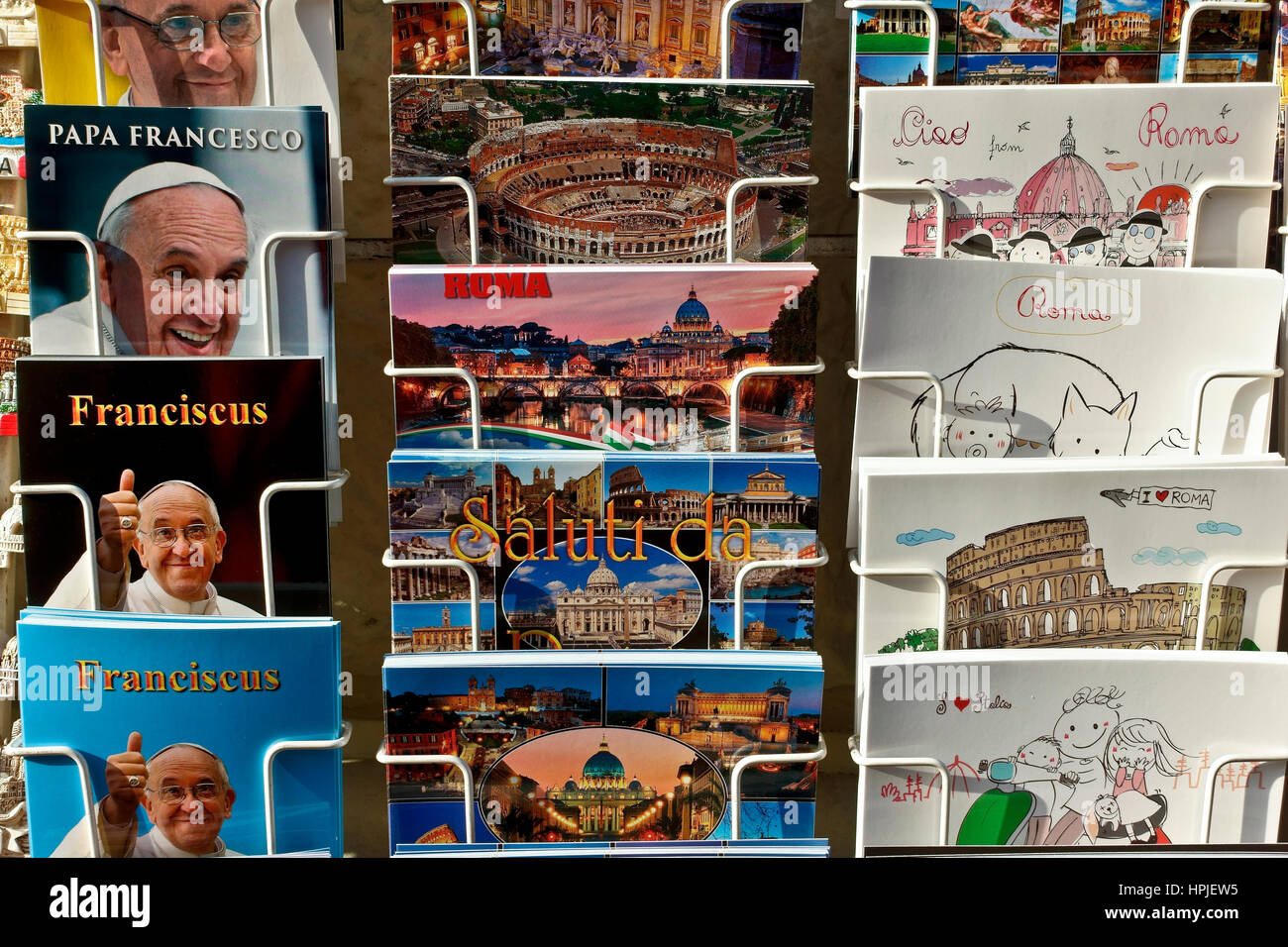 Postcards for sale on display on a rack, with Pope Francis I, the