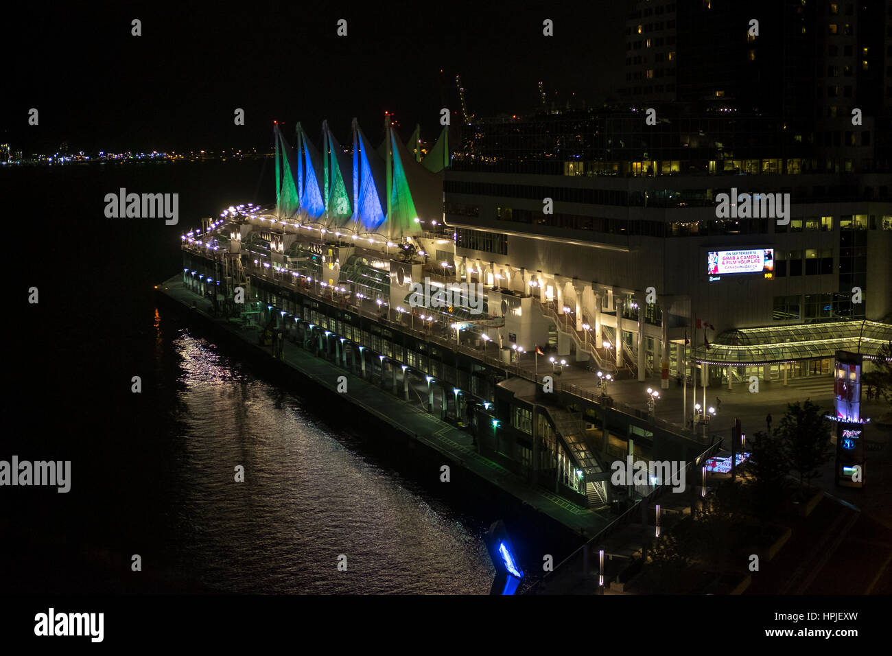 Looking down from above on Canada Place in Vancouver Canada at night. Stock Photo