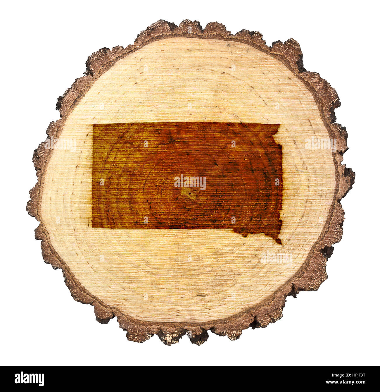 A slice of oak and the shape of South Dakota branded onto .(series