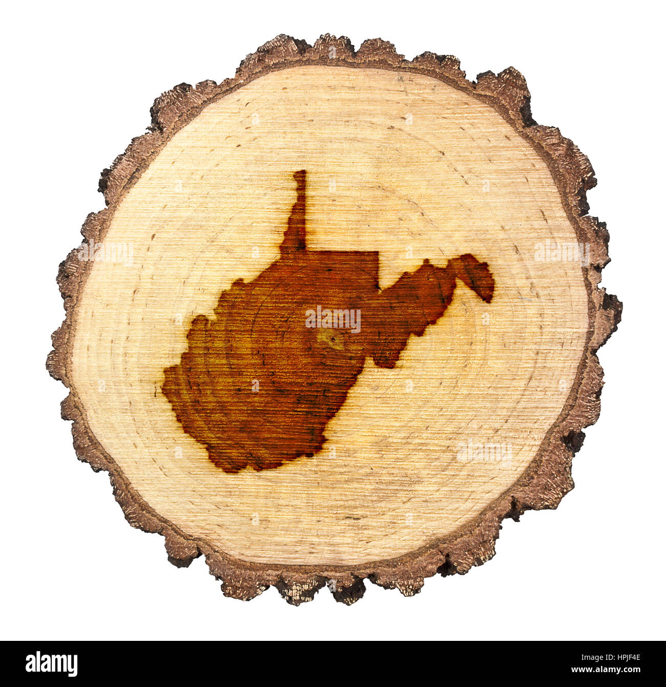 A slice of oak and the shape of West Virginia branded onto .(series