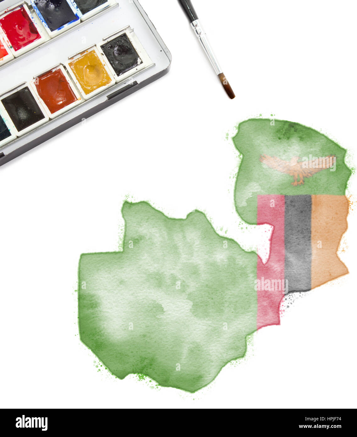 A watercolor painting of Zambia in the national colors.(series) Stock Photo