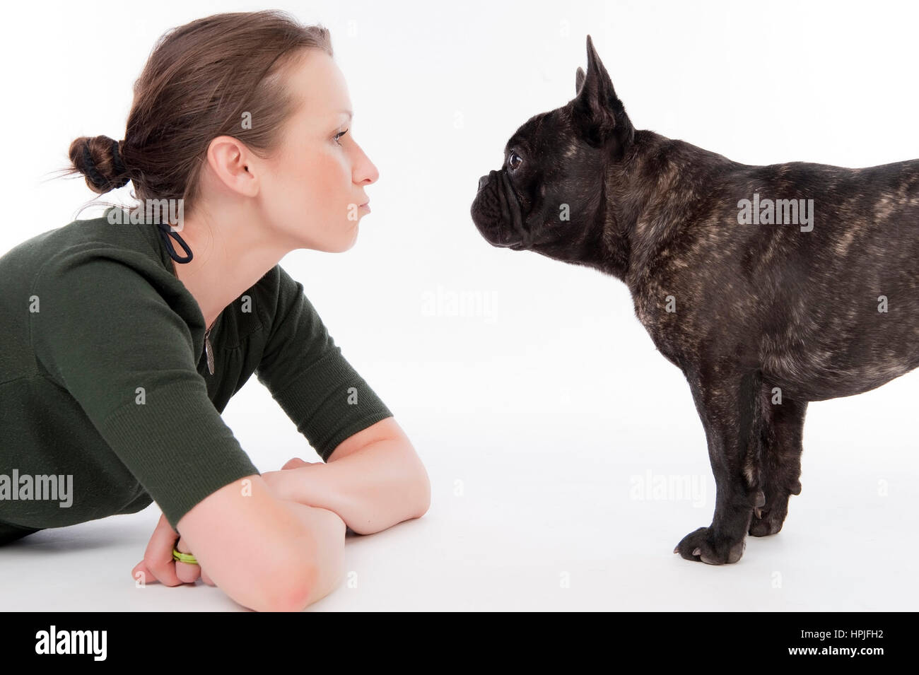 Model released , Frau und Franzoesische Bulldogge - Woman and French bulldog Stock Photo