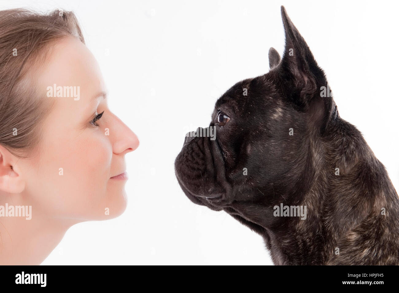 Model released , Frau und Franzoesische Bulldogge - Woman and French bulldog Stock Photo