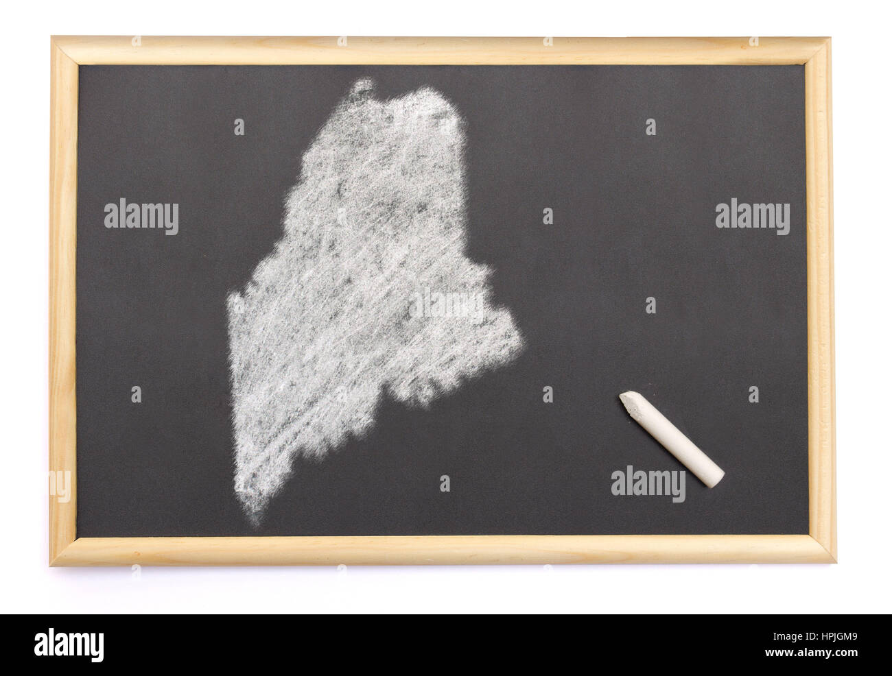 Blackboard with a chalk and the shape of Maine drawn onto. (series