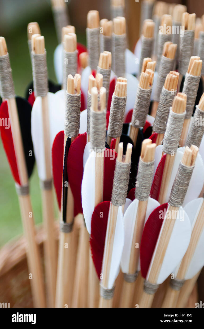 A collection of traditional three feather fletching arrows used in Archery. Taken at the annual Viking Market in Gudvangen, Norway. Stock Photo